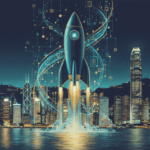 Illustration of a rocket launching from Hong Kong harbor representing Moonshot AI's IPO plans