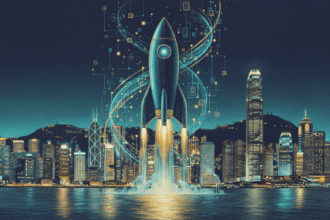 Illustration of a rocket launching from Hong Kong harbor representing Moonshot AI's IPO plans