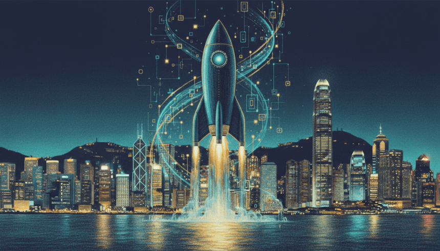 Illustration of a rocket launching from Hong Kong harbor representing Moonshot AI's IPO plans